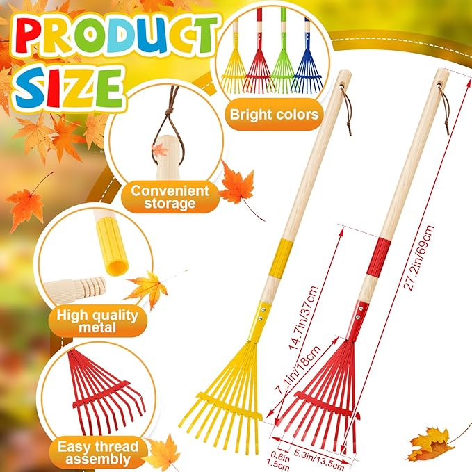 Suclain 8 Pcs Kids Rakes with Hardwood Handle Small Rake Child Size for Gardening Kids Yard Tools Multicolor 28'' Mini Rake for Leaves Lightweight for Children Garden Leaf Tools