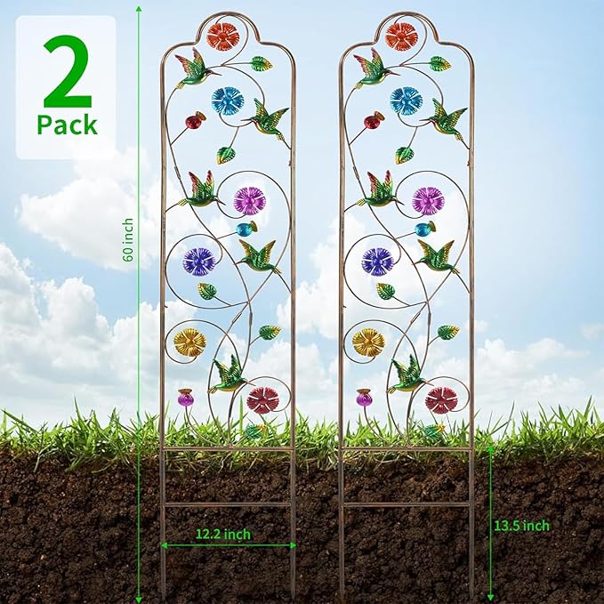 2-Pack Metal-Garden-Trellis Plant-Support-Trellises Outdoor-Decoration Arched-Fence-Trellis - for Climbing Plants Patio Lawn Yard Backyard Wall Brackets 60'' H x 12'' W Hummingbird