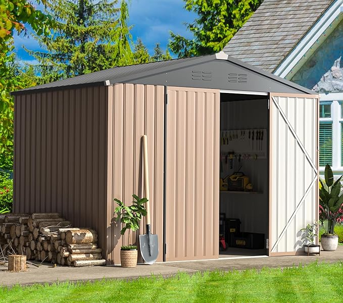 AECOJOY 8' x 6' Metal Storage Shed for Outdoor, Steel Backyard 6x8 Sheds & Outdoor Storage with Lockable Doors, Utility and Tool Storage for Garden, Backyard, Patio, Outside use
