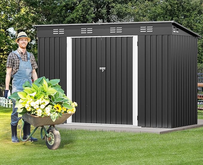 DWVO 9.1x4.2ft Large Outdoor Storage Shed, Metal Tool Sheds, Heavy Duty Tool Storage with Lockable Doors & Air Vent for Backyard Patio Lawn to Store Bikes, Tools, Lawnmowers,Dark Gray