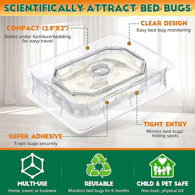 Qualirey 6 Set Bed Bug Detector & Trap, Bedbug Traps with Strong Glue, Bedbug Interceptors, Early Detection Glue Trap for Bed Legs, Indoor Pest Control Blocker for Home and Travel (Clear)