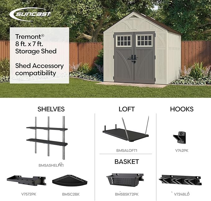 Suncast 8' x 7' Heavy-Duty Resin Tremont Storage Shed with Reinforced Floor, Skylights for Natural Light, Lockable Double Doors, Cream, Made in the USA