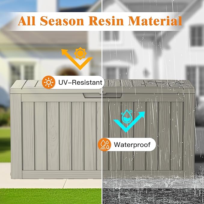 72 Gallon Outdoor Storage Box, Waterproof Deck Box with Handles and Lockable Lid, Resin Patio Storage Box with Hydraulic Rods for Garden Tools, Cushions, Grey