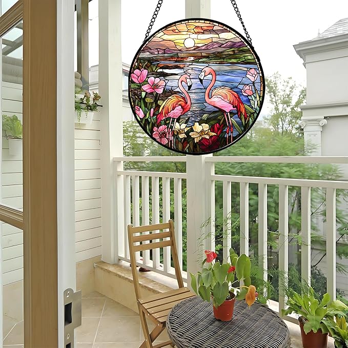 Stained Glass Window Hanging - Flamingo Wildflowers Landscape Suncatcher for Door Terrace Garden Home Decor Sunset Lake Sun Catcher Birthday Gifts for Lovers Women Men Dad Mom Nana 6.3 in