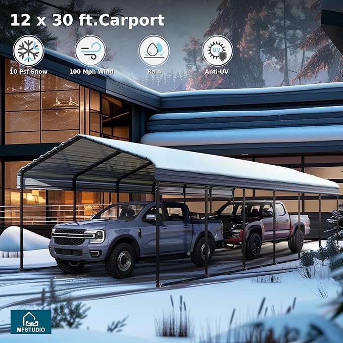 MFSTUDIO Carport 12x30 ft, Outdoor Heavy Duty Metal Shed Carports, Metal Garage Car Shelter Shade Car Port with Galvanized Roof, Frame and Bolts for 2 Cars, Truck and Boats