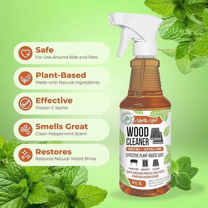 Mighty Mint Wood Cleaner and Conditioner, Spray Cleans and Renews Wood, Natural Peppermint Scent, 16oz