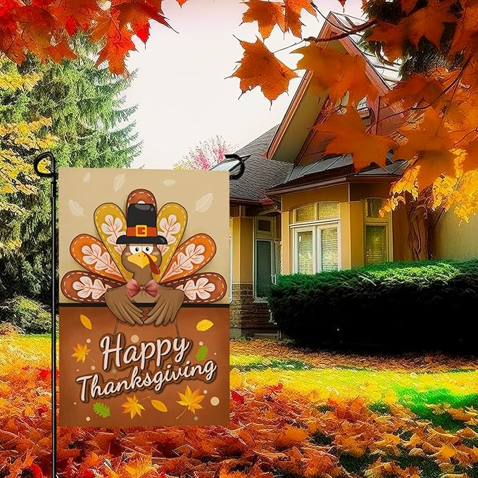 Happy Thanksgiving Garden Flag Turkey Thankful Fall Yard Flag Autumn Happy Harvest Garden Flags Double Sided Yard Decorations Holiday Outdoor Flag 12x18 Inch