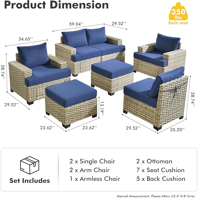 HOOOWOOO Outdoor Sectional Patio Furniture Set,7 Pieces Wicker Conversation Sets,Extra Deep Out Door Sofa Outside Furniture Couch with Ottoman,Navy Blue