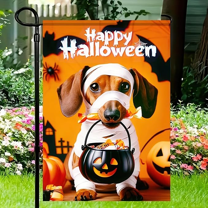 Halloween Decorations Outdoor Garden Flag 12x18 Inch Double Sided Dachshund Dog Pumpkin Ghost Skeleton Fall Decor Yard Lawn Porch Patio Banner Halloween Garden Flags
