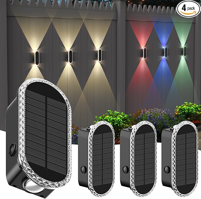 4 Pack Solar Fence Lights, RGBW 8-Color Changing Waterproof Dual Lens Up/Down Wall for Landscape/Fence/Patio/Wall/Garden Halloween Purple Solar Lights (2 Installation Modes)