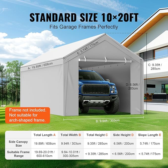 VEVOR Carport Replacement Canopy Cover Top + Side Wall 10 x 20 ft, Garage Tent Shelter Tarp Heavy-Duty Waterproof & UV Protected, Easy Installation with Ball Bungees,Grey (Frame Not Included)