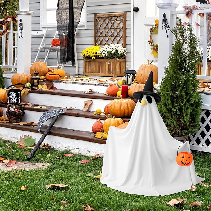Watayo 2 Pcs/Set Halloween Ghost Porch Goose Outfits, Lawn Goose Statue Ghost Costume, Garden Goose Ghosts Clothes with Pumpkin Bucket for 23" Statue Halloween Fall Outdoor Patio Yard Decoration