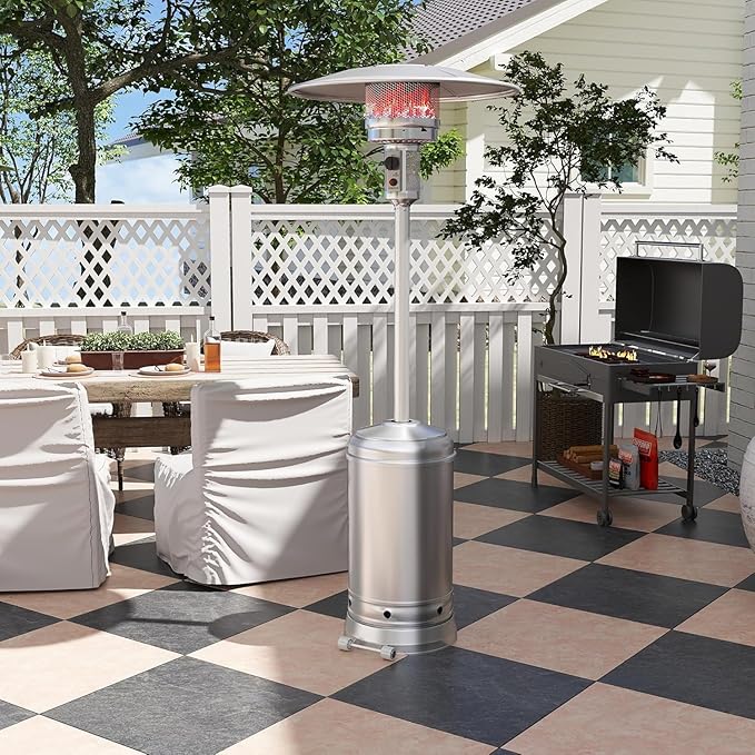 Patio Heater for Outdoor Use with Wheels, LP Propane Heater with Triple Protection System, CE & ETL Certified, Outdoor Heater for Commercial Residential Courtyard Porch Garage(Silver)