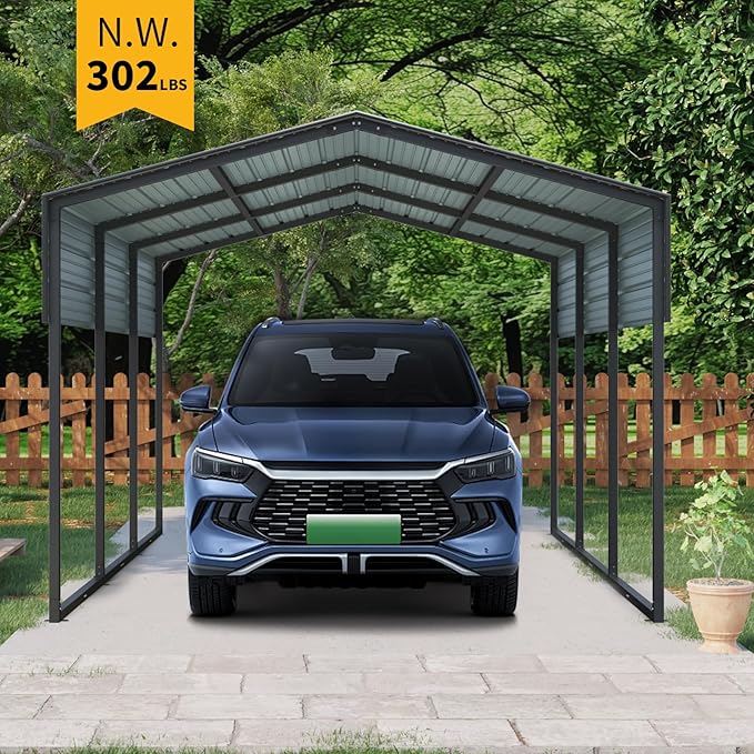 KEIKI 10x15 FT Steel Metal Outdoor Carport with Peaked Roof,Heavy Duty Vehicle Shed Canopy for Car,Truck and Boats