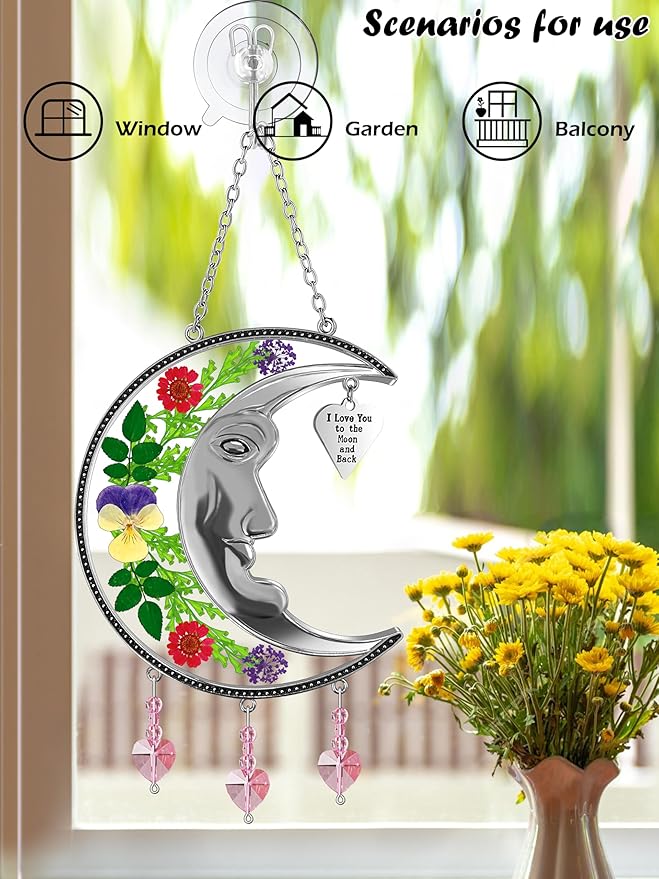 KY&BOSAM Sun Face Moon Suncatcher I Love You to The Moon and Back Stained Glass for Window Hangings Wind Chime Decor with Pressed Real Flower and Metal Charm Gift for Women Mother`s Day Christmas