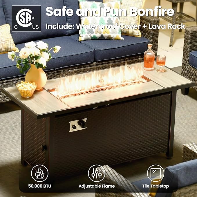 ovios 10 Pieces Patio Furniture Set with Swivel Chairs Rocking Gliders, 54" Fire Pit Table, Outdoor Sofa Couch with Solar Lights Table, Modern Deep Seat Wicker Rattan Conversation Set, Denim Blue