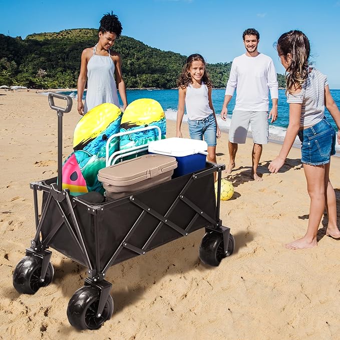 REDCAMP Collapsible Beach Wagon with 9" Big Wheels for Sand, 450lb Heavy Duty Foldable Beach Cart with All-Terrain Balloon Style Foam Wheels for Gravel, Sand, Camping, Groceries, Garden