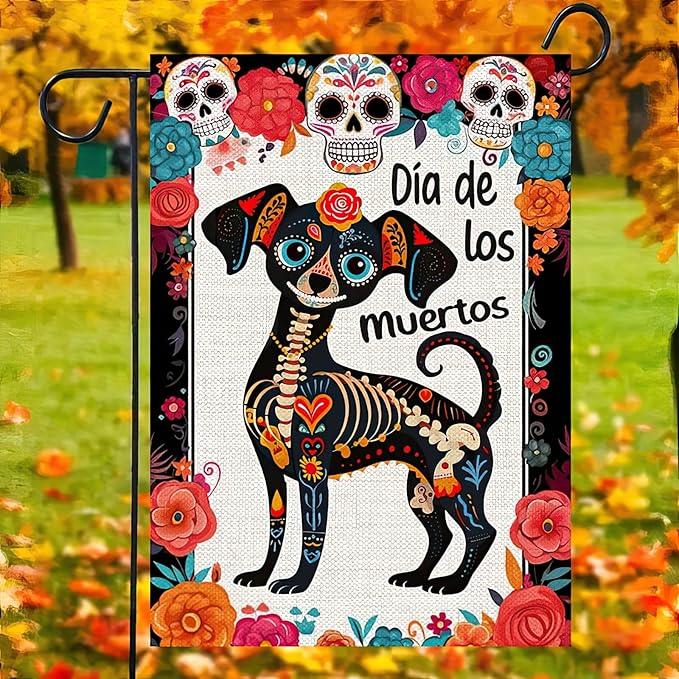 Day of the Dead Garden Flag Dachshund Skeletons Flowers Garden Flag Double Sided 12.x18 Inch Welcome Dog Flag Halloween Flag Mexican Dia De Los Muertos Sugar Skull House Decorations Outdoor