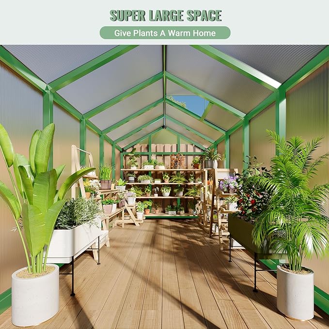 6x10 FT Walk in Greenhouse Aluminumfor , with Roof Vent, Groud Nail, Lockable Push Door, Aluminum Frame and Poly Carbonate Material with Quick Setup Graden, Vegetable Garden and Leisure Room