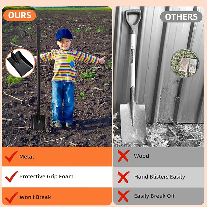 Small Square Shovel 43.3Inches Heavy Duty Garden Tools with Metal Handle, Small Transfer Spade for Digging Camping Car Beach Shovel, Black