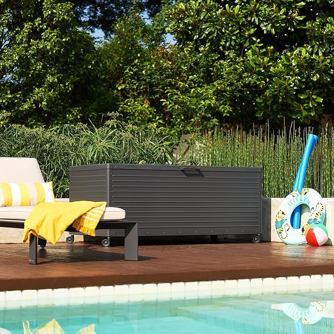 281 Gallon Outdoor Storage Box Waterproof with Wheels, Metal Deck Boxfor Patio Furniture, Garden Tools, Outdoor Cushion, Charcoal