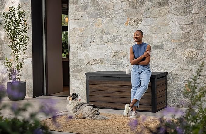 Keter Signature Collection 150 Gallon Resin Deck Box Organization and Storage for Patio Outdoor Cushions, Throw Pillows, Garden Tools and Pool Supplies, Rosewood