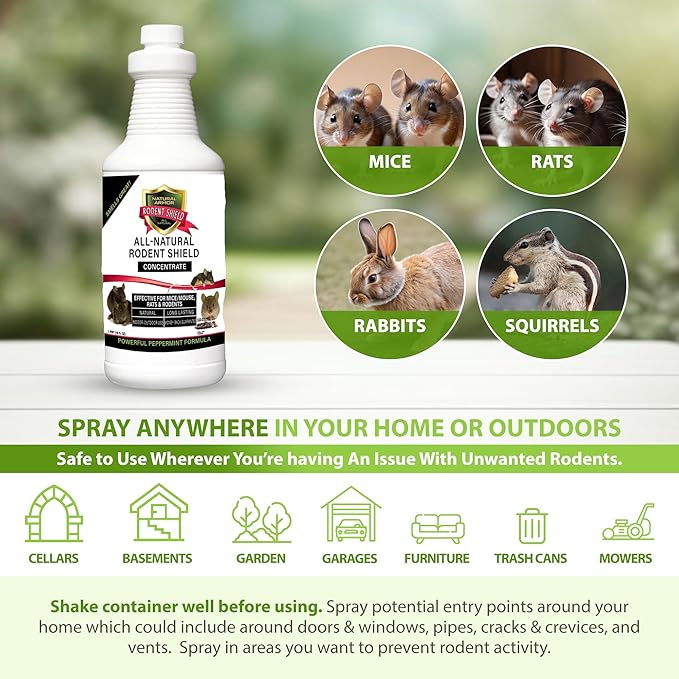 Natural Armor Peppermint Repellent 16oz Concentrate for Mice/Mouse, Rats & Rodents - Powerful Peppermint Oil Repellent Makes 1 Gallon of Ready to Use Repellent Spray Formula