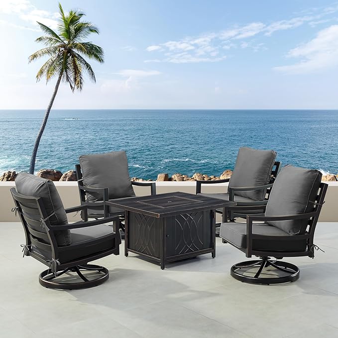 Oakland Living Black Aluminum Patio Fire Table Set with Four Club Chairs with Black Cushions