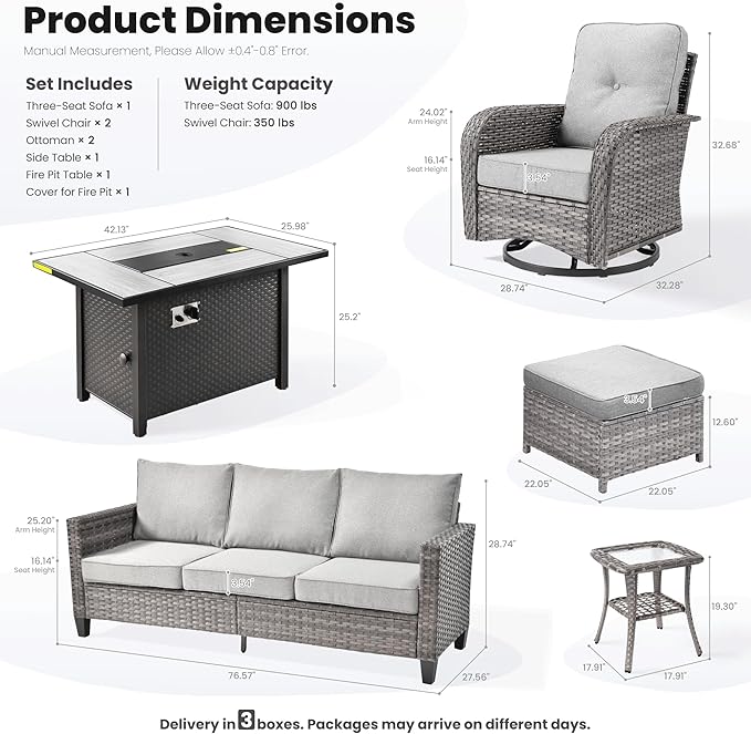 ovios 7 Pieces Patio Furniture Set, Outdoor Wicker Sofa Couch with Rocking Swivel Chairs Fire Pit Table, Modern Deep Seat Rattan Conversation Sets for Porch Deck, Dark Grey