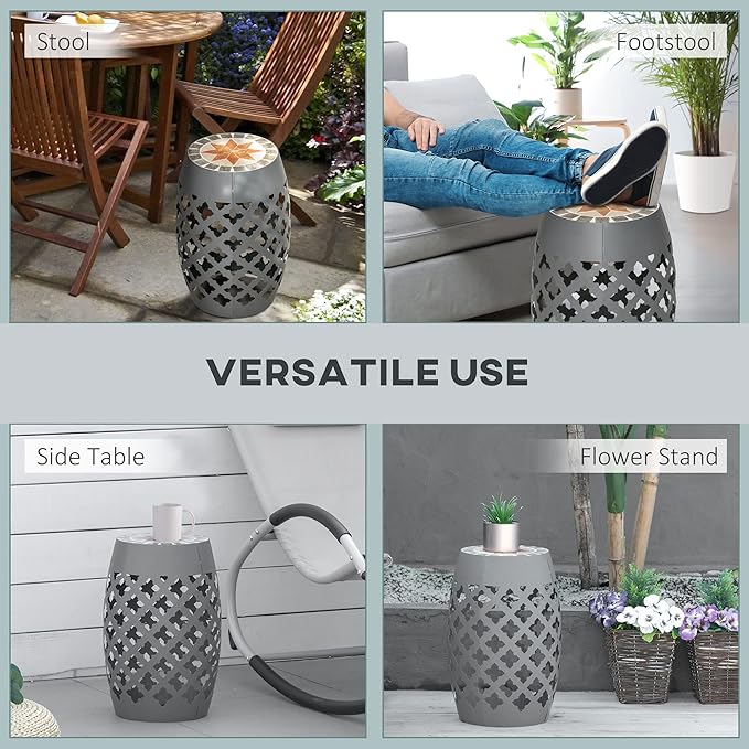 Outsunny 12" Patio Round Side Table, Outdoor Footstool, Garden Mosaic Accent Side Table, Plant Stand, Gray