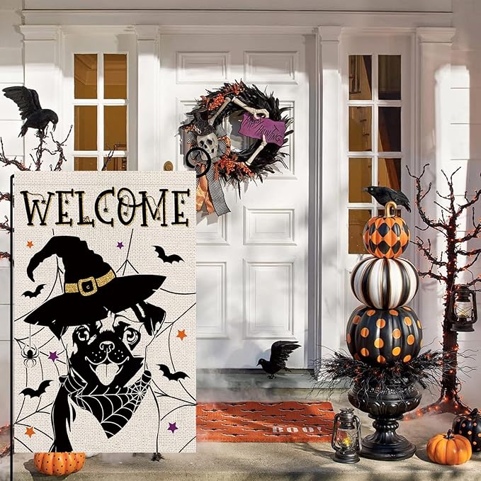 Halloween Garden Flag Pug Cobweb Bats Double Sided Vertical Welcome Flag Holiday Outdoor Yard Lawn Decorations 12.5 x 18 Inch
