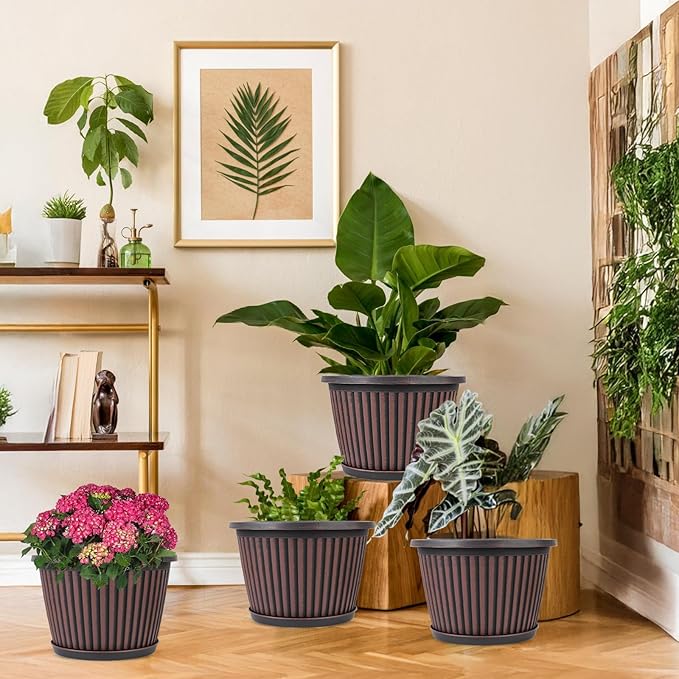 10 Inch Planter-Pots-for-Plants-Indoor-Outdoor, 4 Pack Plastic Flower Pots with Saucer & Drainage Holes, Modern Decorative Resin Garden Pots