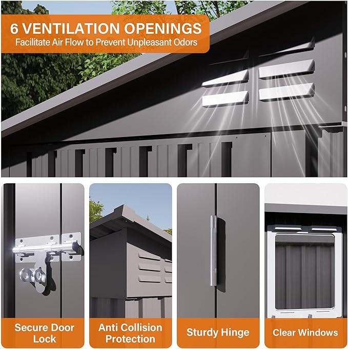 4x9 ft Lean to Shed, Outdoor Storage Shed with Lockable Double Door and Window, Metal Storage Sheds with Sloping Roof and 6 Vents, Outside Garden Tool Sheds for Backyard, Patio (Grey)