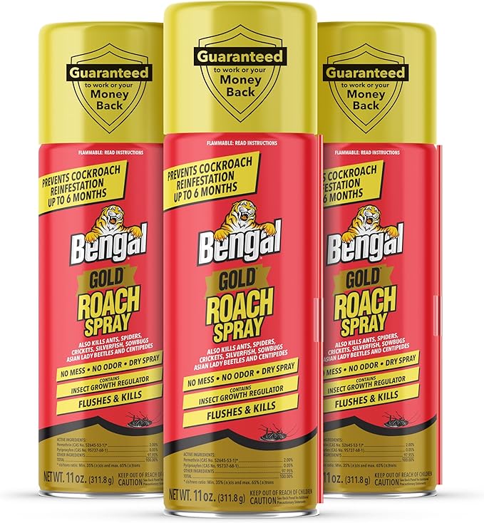 Bengal Gold Roach Spray - Odorless, Stain-Free Bug Spray for Home - Prevents Reinfestation for Up to 6 Months - 11 oz, 3 Pack