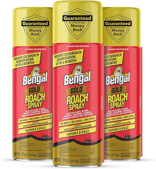 Bengal Gold Roach Spray - Odorless, Stain-Free Bug Spray for Home - Prevents Reinfestation for Up to 6 Months - 11 oz, 3 Pack