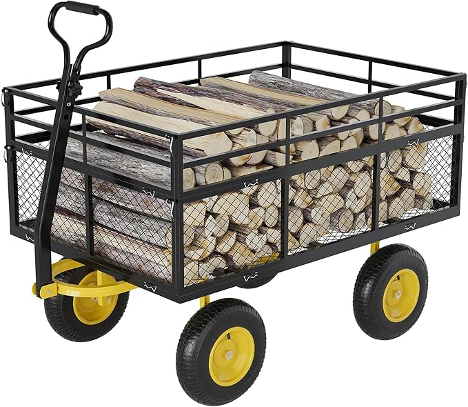 3-in-1 Heavy-Duty Steel Garden Cart, 1400 Lbs Garden Wagon, with 13 Inch All-Terrain Tires and Removable Mesh Side Panels, 180° Rotating Handle, Metal Multi-Function Carts, Outdoor Gardens Wagon Cart