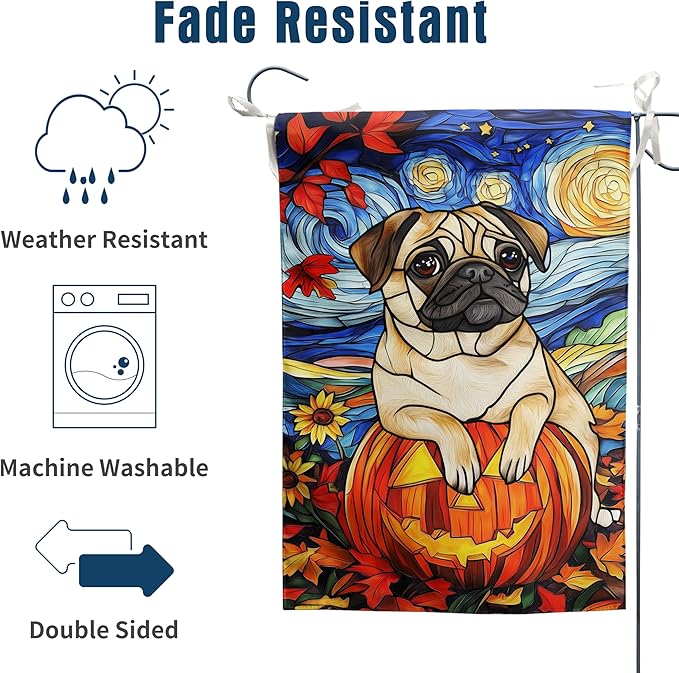 Stained Glass Pug Fall Garden Flag Halloween Pumpkin Yard Signs Autumn Sunflower Thanksgiving Banner for Outside 12x18 Double Sided Small Dog Outdoor Decorative