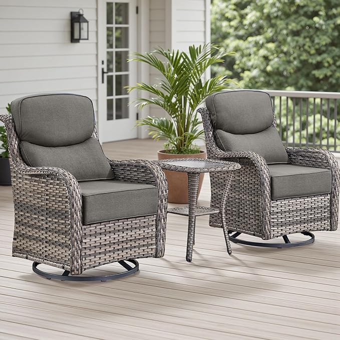 Outdoor Patio Swivel Rocker Chairs Set of 2, Waterproof Wicker, High Back, Deep Seating, Wide Armrest, Upgraded 6 inch Thick Cushions, Side Table, Ideal for Deck Porch Yard, Mixed Grey-Grey
