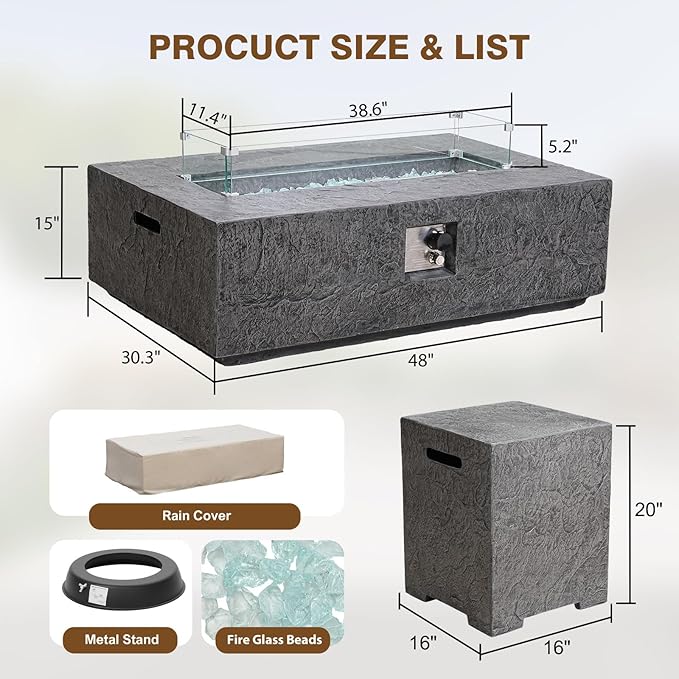 3-Piece Outdoor Propane Fire Pit Table Set – Premium Slate-Like MgO Finish, 48-Inch Gas Fire Table with Tank Table & Glass Wind Guard for Patio, Garden & Backyard, Includes Rain Cover & Glass Beads