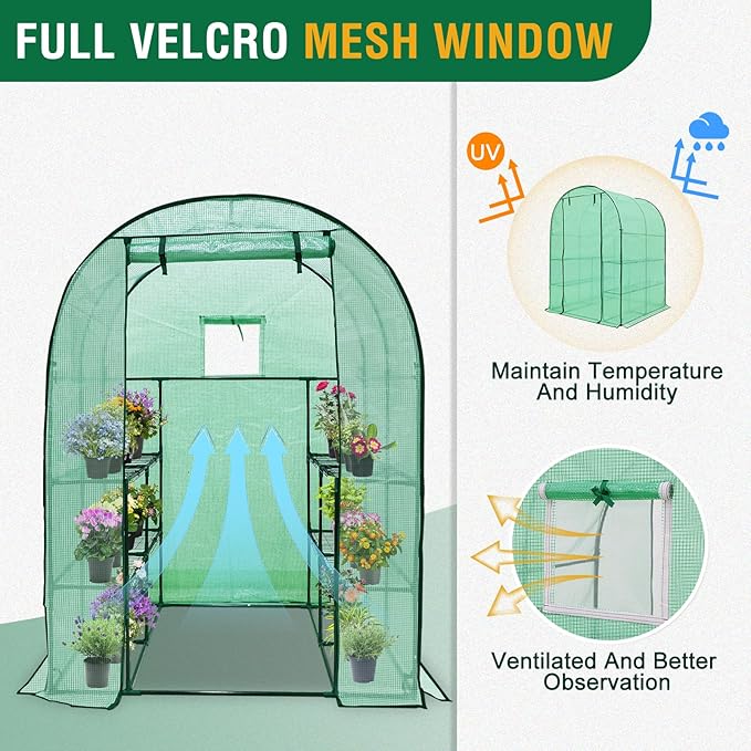 EAGLE PEAK 3-Tier Walk in Portable Greenhouse with 8 Wire Shelves, Indoor and Outdoor Garden House with Roll Up Zipper Door and Windows, Easy Set Up, 56.3"x56.3"x76.8", Clear/Green PE Cover