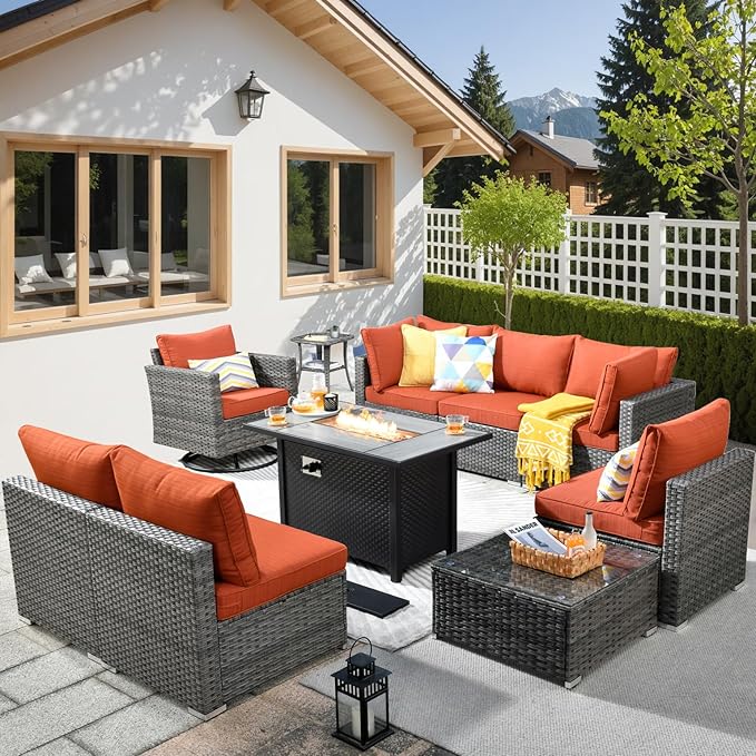 HOOOWOOO 10 Piece Patio Sectional Furniture Set with Fire Pit Table,Modern Wicker Outdoor Conversation Sofa Sets,Weather Resistant Modular L Shaped Outside Couch Swivel Chair Set(Orange Red)