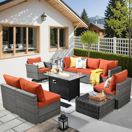 HOOOWOOO 10 Piece Patio Sectional Furniture Set with Fire Pit Table,Modern Wicker Outdoor Conversation Sofa Sets,Weather Resistant Modular L Shaped Outside Couch Swivel Chair Set(Orange Red)