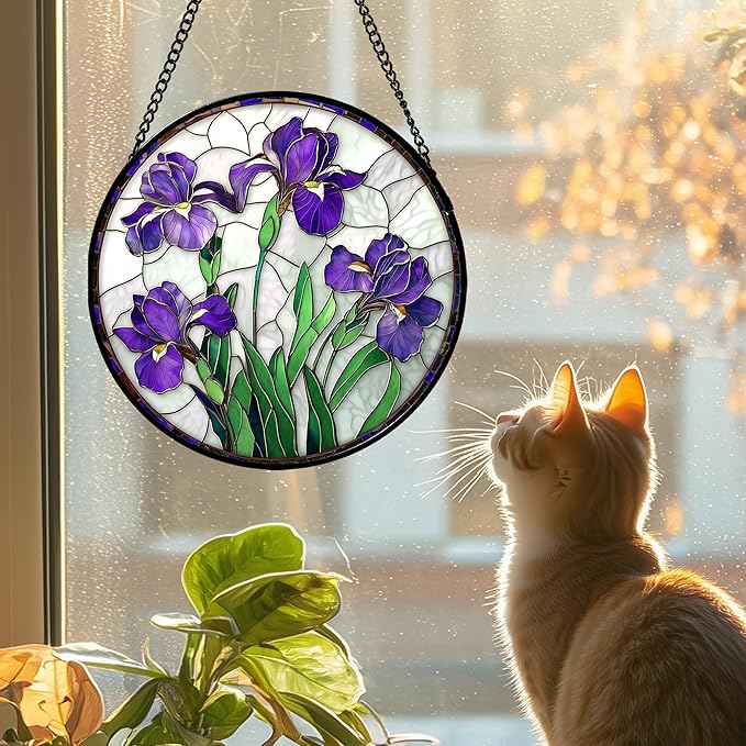 Stained Glass Window Hanging - Purple Iris Flower Sun Catcher for Door Terrace Garden Home Decor, Green Plants Suncatcher Birthday Gifts for Lovers Women Men Dad Mom Nana 9.8 in