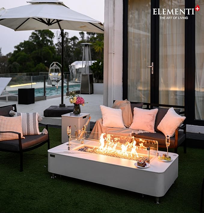 Elementi+ | Athens Gas Fire Pit | Cast Concrete Body & Marble Porcelain Top | 62" Rectangular Fire Table | Electronic Ignition | Canvas Cover, Fire Glass & Burner Lid Included | White | Natural Gas