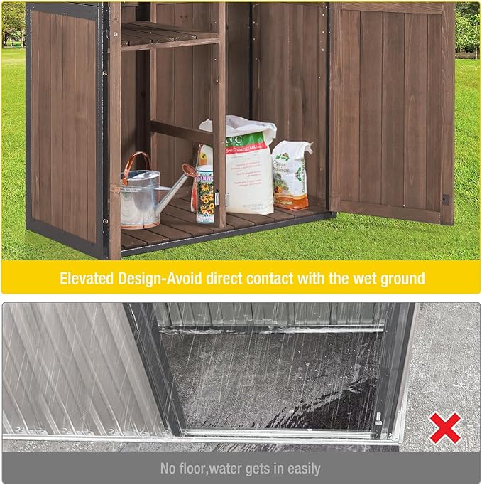 Outdoor Storage Shed,Vertical Wooden Tool Shed with Waterproof Roof,Adjustable 3 Tiers Shelves,Storage Tool Cabinet Box with Metal Frame Sloped Roof for Backyard Garden Patio Lawn (Dark Brown)