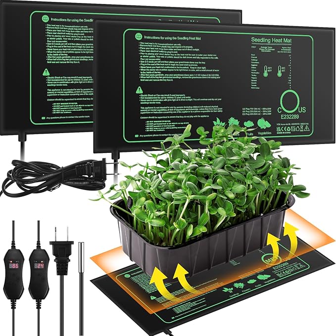 ROCEEI 2 Pack Seedling Heat Mat with Digital Thermostat Controller 10 x 20.75 Inch Waterproof Plant Seedling Heat Mat for Germination, Hydroponics, Brewing, Breeding, Indoor Gardening and Greenhouse
