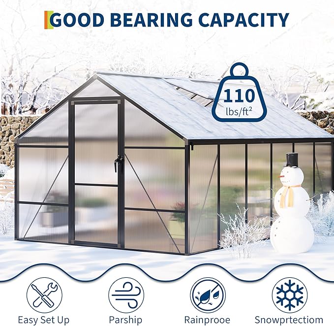 8x12 FT Greenhouse for Outdoors, Polycarbonate Flower Greenhouse with Roof Vent, Push-Pull Lockable Door, Aluminum Walk-in Greenhouses for Outside Garden Backyard, Patio, Lawn, Black