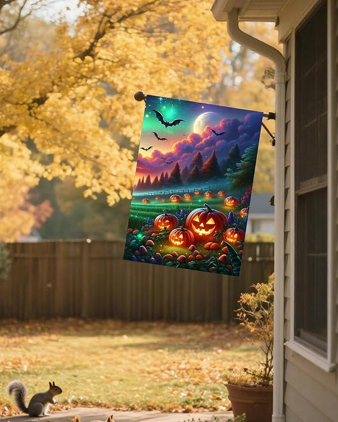 Fantasy Halloween Jack O Lantern Pumpkins Meadow Bats Full Moon House Flag 28" x 40" Double Sided Polyester Welcome Large Yard Garden Flag Banners for Patio Lawn Home Outdoor Decor