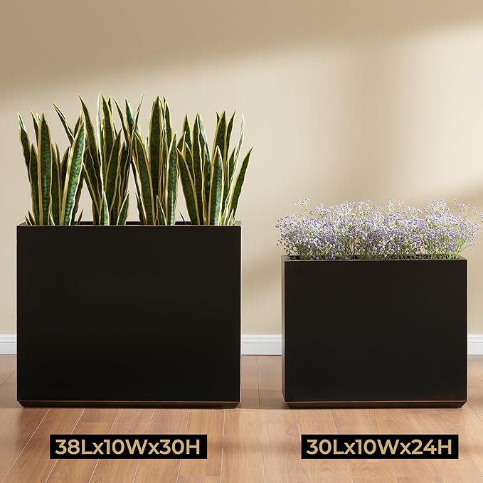 Metallic Heavy Outdoor Planter Box, Span Planter, Long and Tall Divider, 30Lx10Wx24H, Black with Gold Rim, 30.8 Pounds