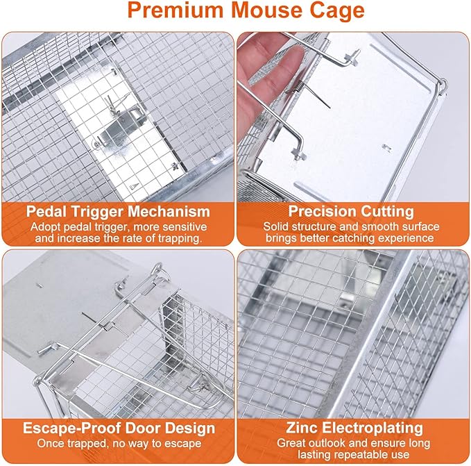 Humane Rat Trap, Dual Door Metal Mouse Cage Traps and Other Small Live Animals Cage, Mouse Trap with 2 Detachable U Shaped Rod, Easy to Catch and Release, Work for Indoor Outdoor